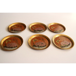6 brass and cloisonne painted coasters as a set, vintage