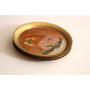 6 brass and cloisonne painted coasters as a set, vintage