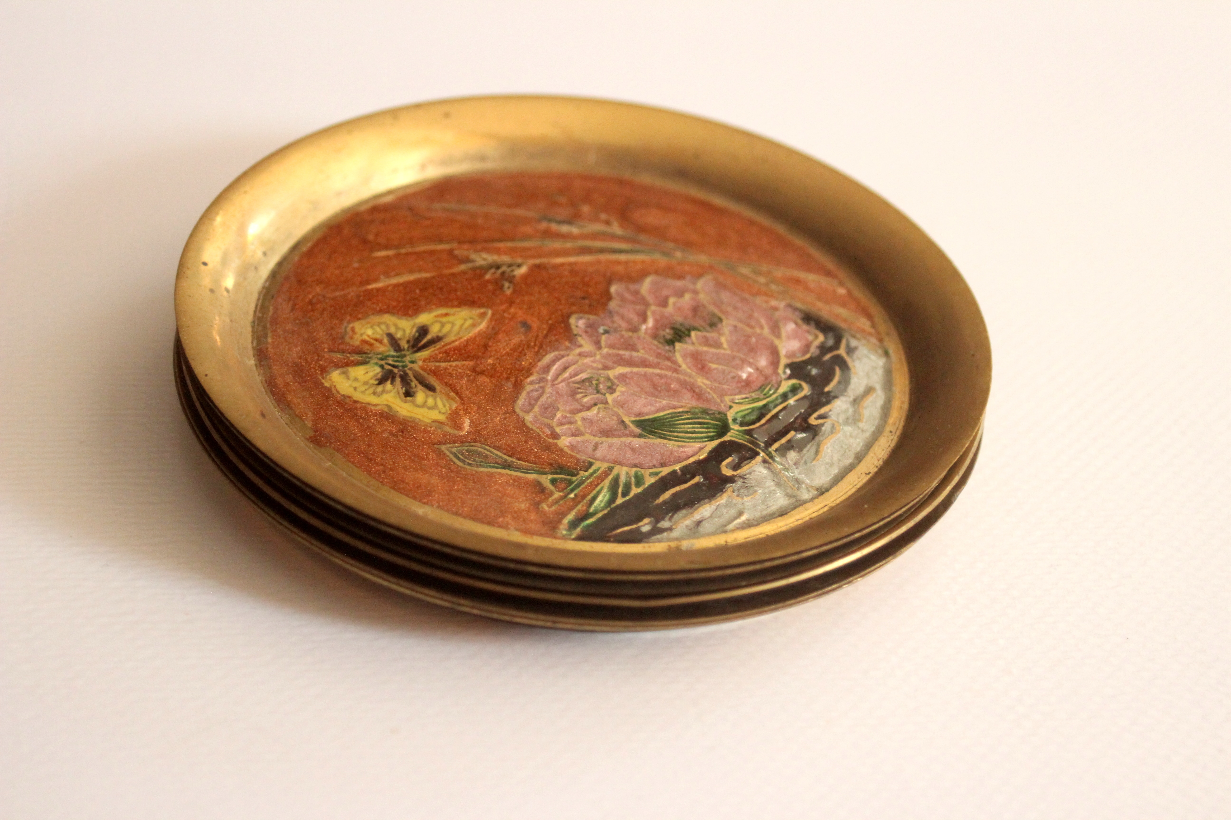 6 brass and cloisonne painted coasters as a set, vintage