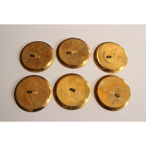 6 brass and cloisonne painted coasters as a set, vintage
