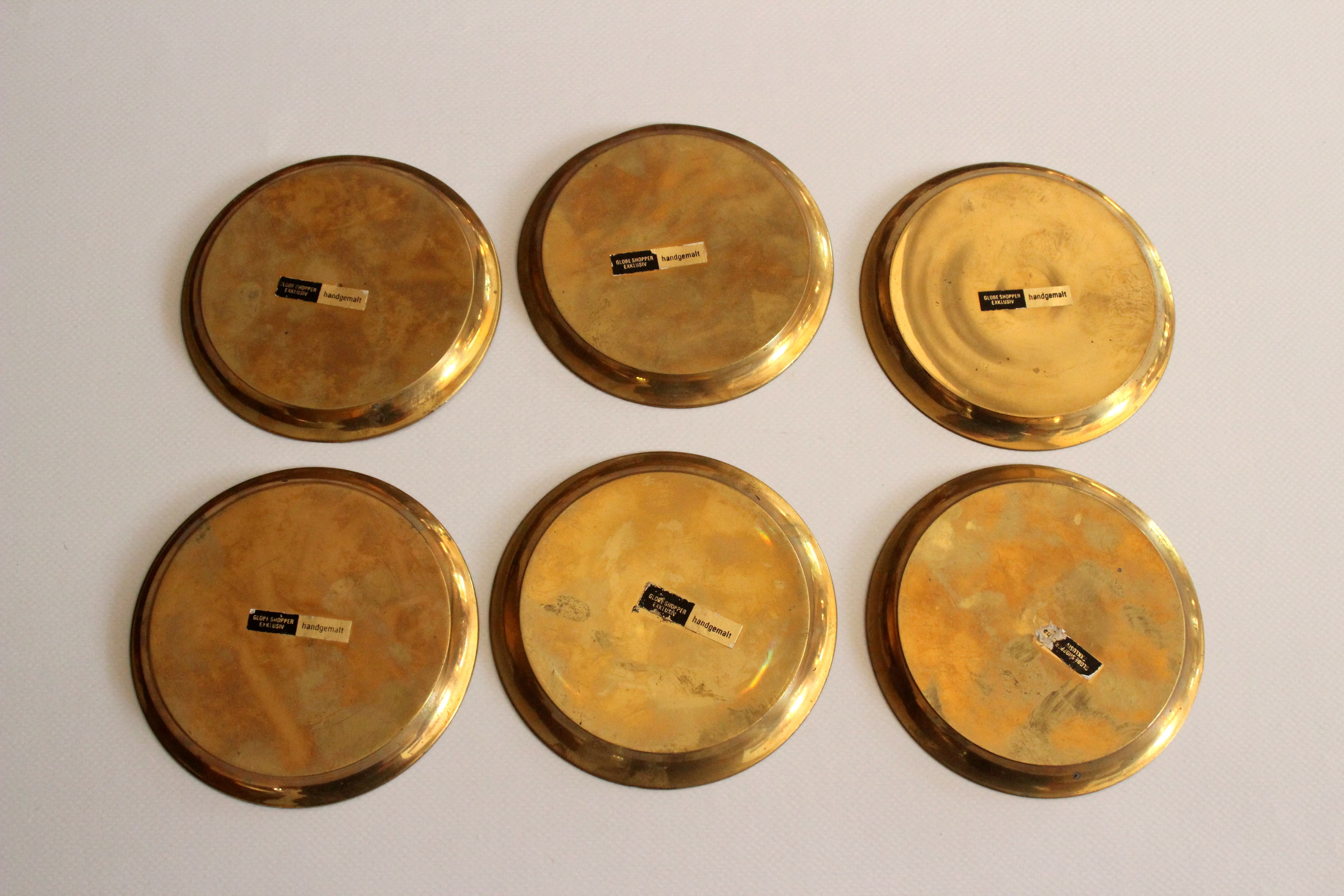 6 brass and cloisonne painted coasters as a set, vintage