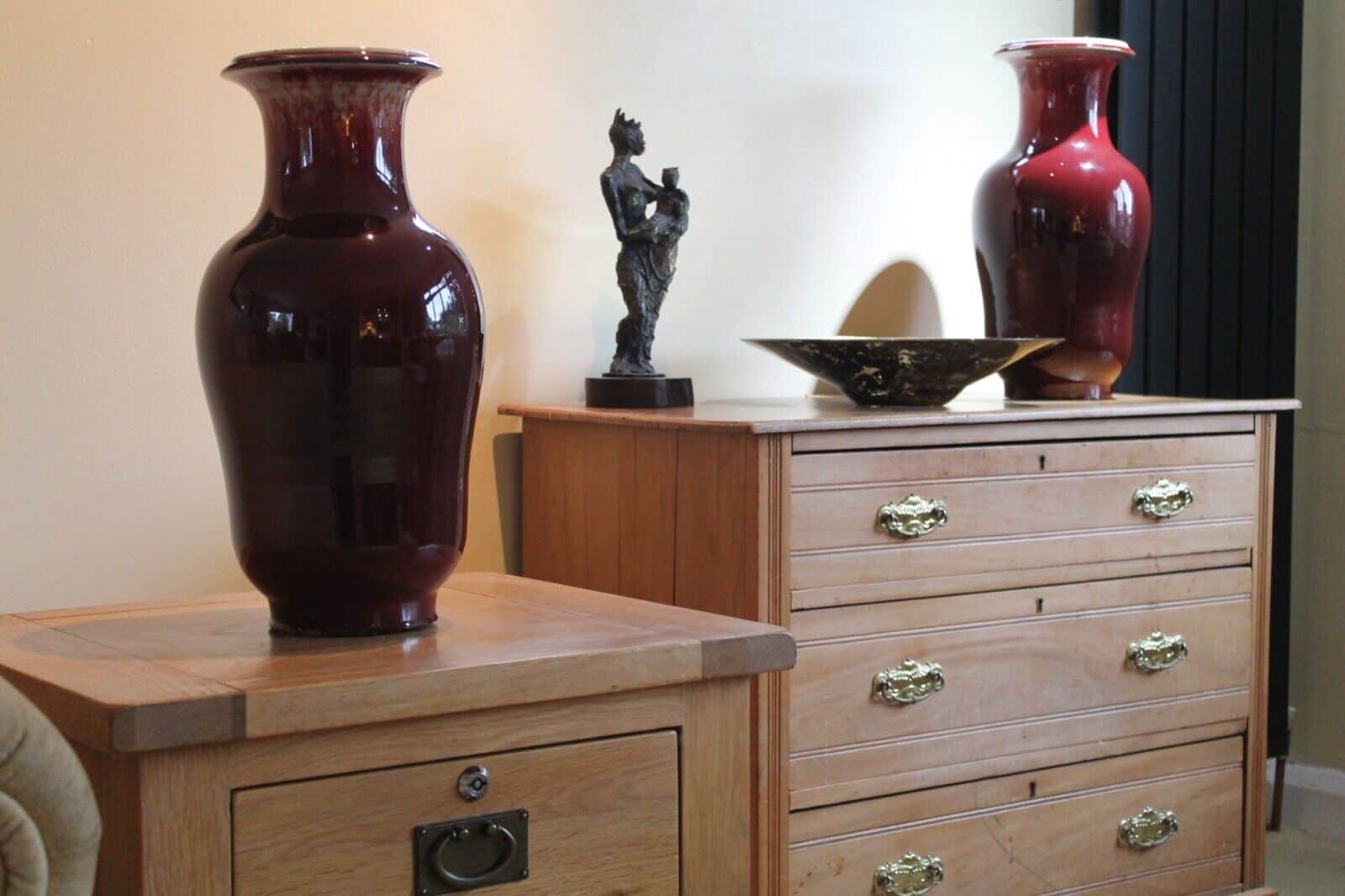 Antique Chinese Yongzhen, Flambé glaze, Sang de Boeuf vases. Pair available.