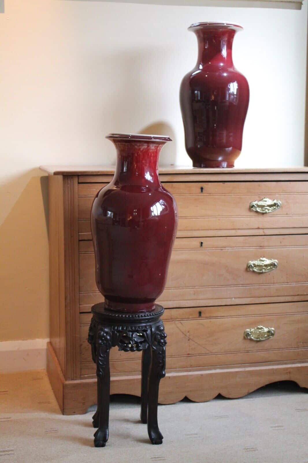 Antique Chinese Yongzhen, Flambé glaze, Sang de Boeuf vases. Pair available.