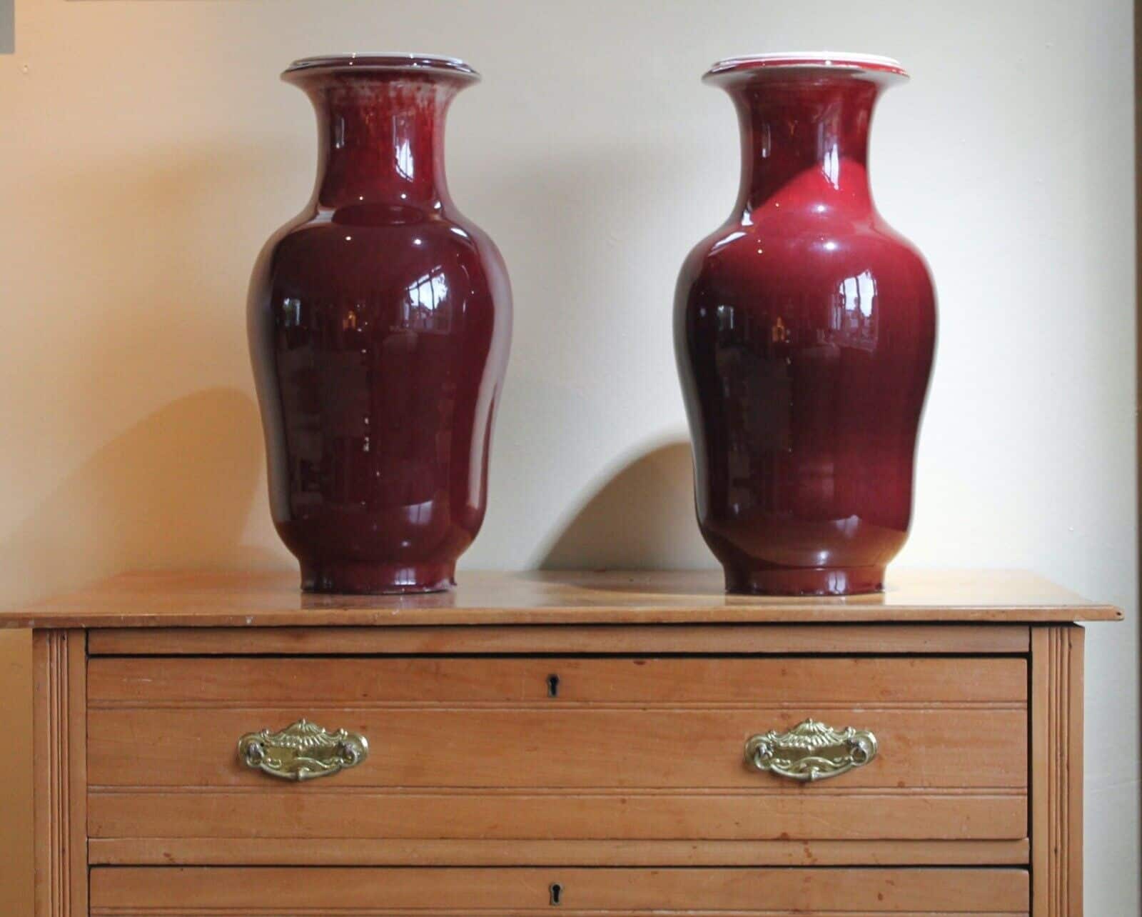 Antique Chinese Yongzhen, Flambé glaze, Sang de Boeuf vases. Pair available.