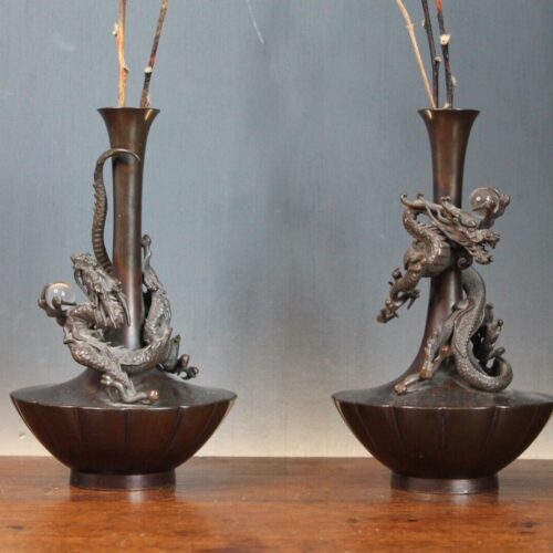 Antique Japanese Genryu Sai Saeya Bronze Dragon Vases. A Pair. Mid 19th C