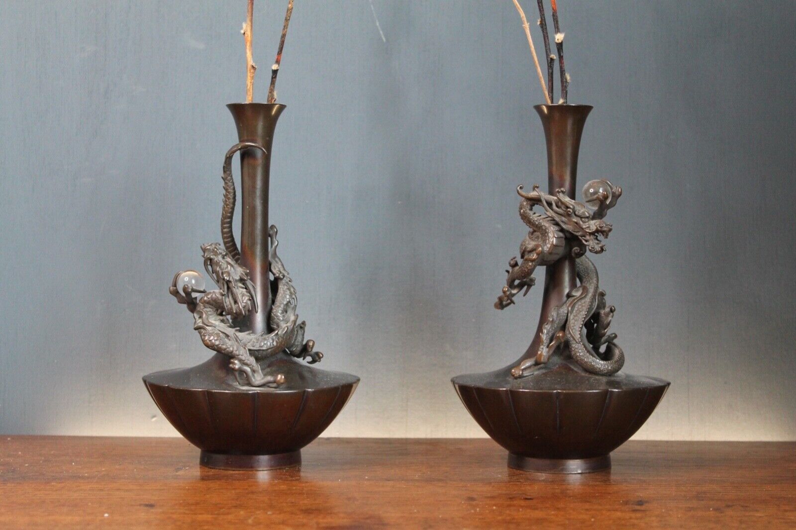 Antique Japanese Genryu Sai Saeya Bronze Dragon Vases. A Pair. Mid 19th C