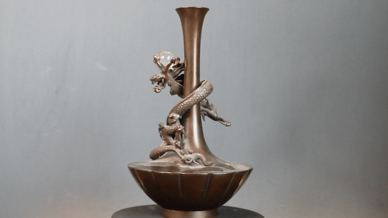 Antique Japanese Genryu Sai Saeya Bronze Dragon Vases. A Pair. Mid 19th C