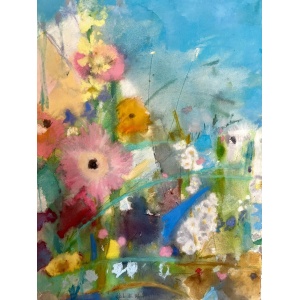 Beautiful Large Painting Of Summer Garden Blooms In Pastels On Heavy Watercolour Paper Signed By London Artist Belinda Woods