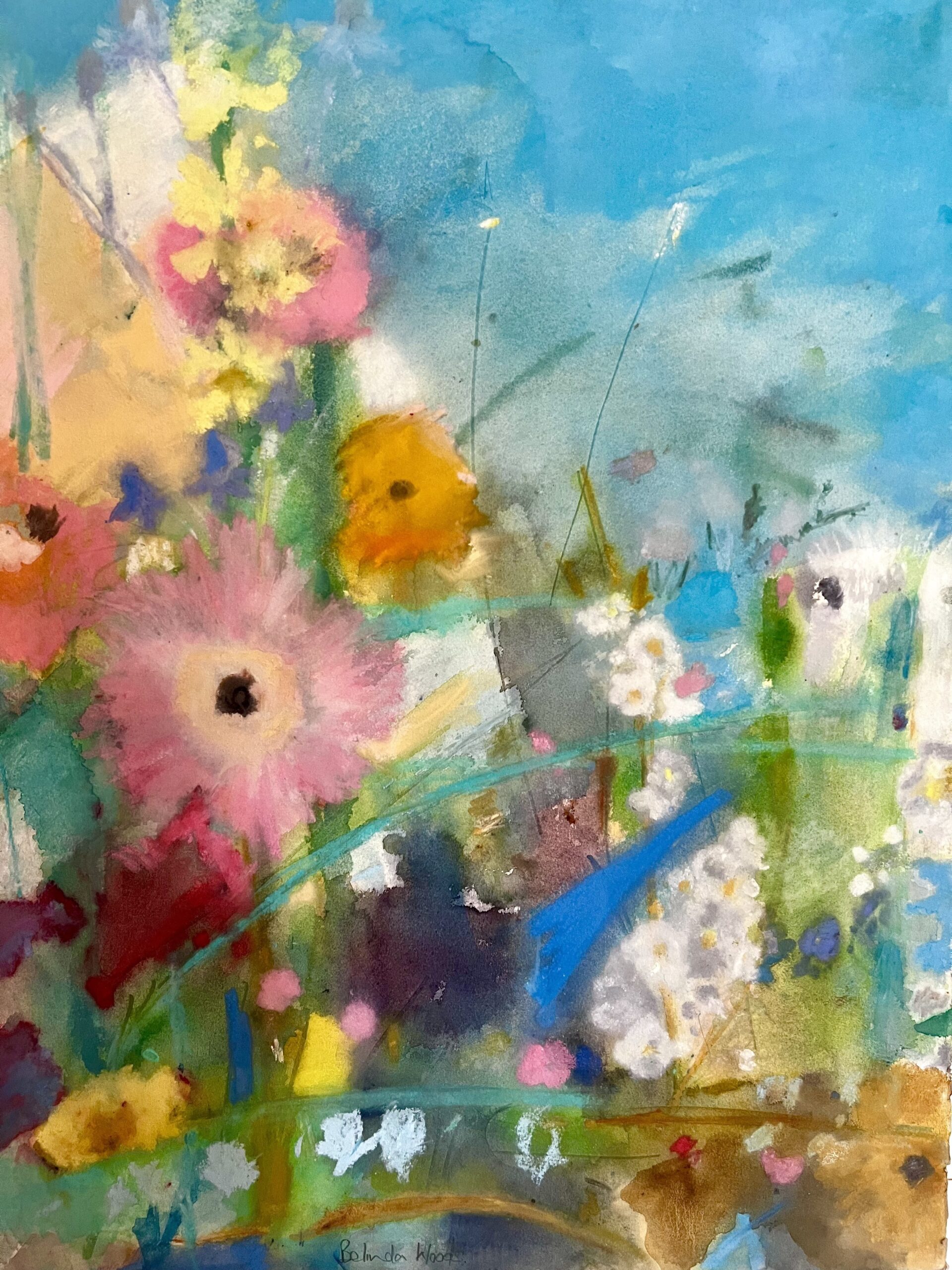 Beautiful Large Painting Of Summer Garden Blooms In Pastels On Heavy Watercolour Paper Signed By London Artist Belinda Woods