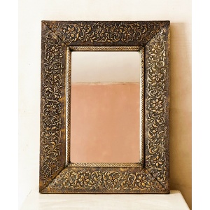 Large Vintage Embossed Brass Wall Mirror With Wooden Backing And Two Way Hanging