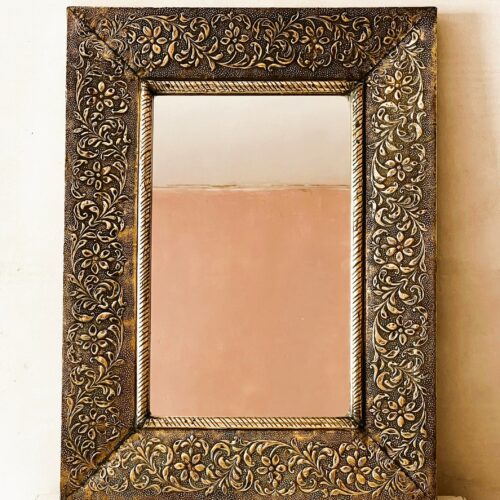 Large Vintage Embossed Brass Wall Mirror With Wooden Backing And Two Way Hanging