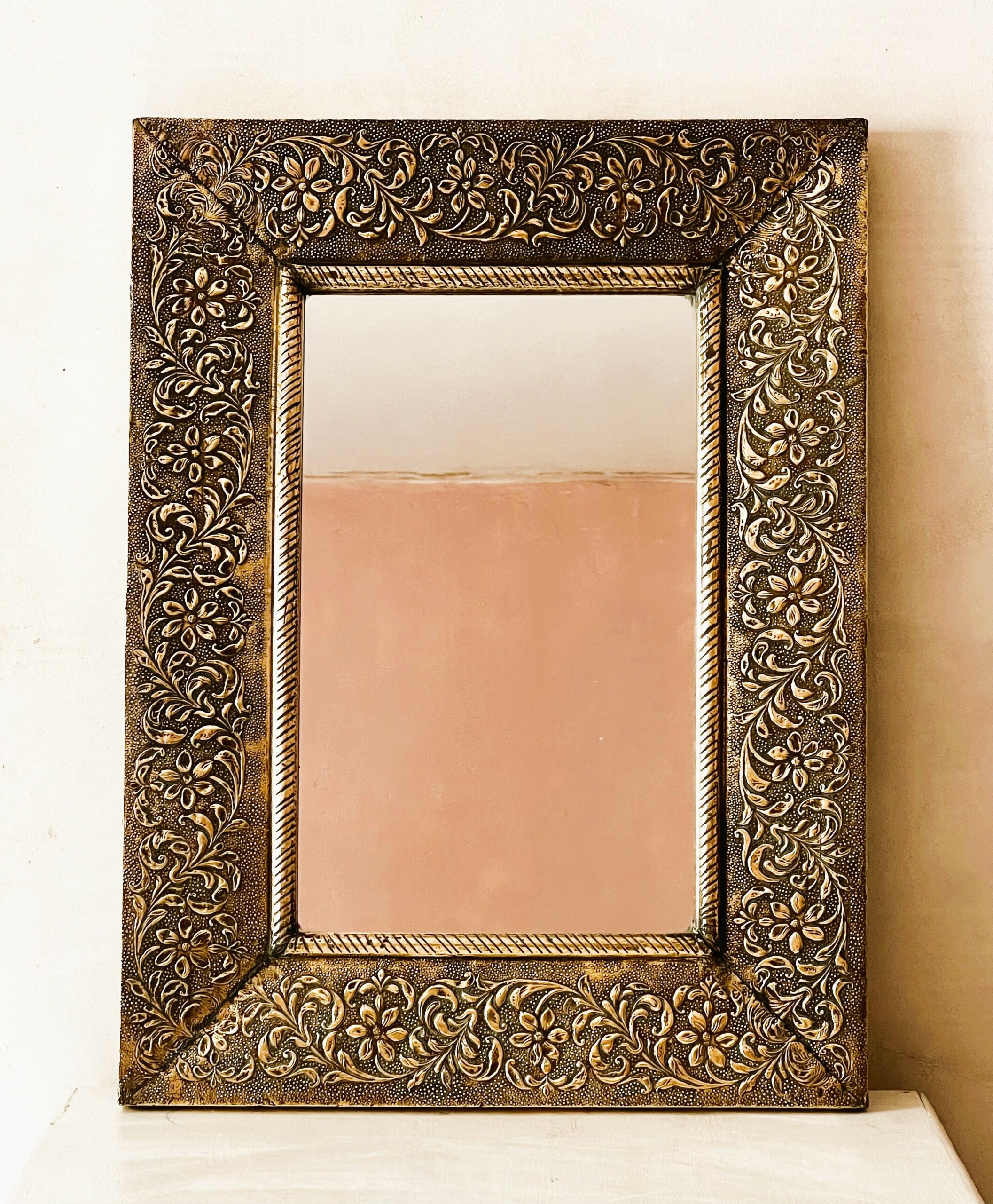 Large Vintage Embossed Brass Wall Mirror With Wooden Backing And Two Way Hanging