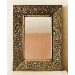 Large Vintage Embossed Brass Wall Mirror With Wooden Backing And Two Way Hanging