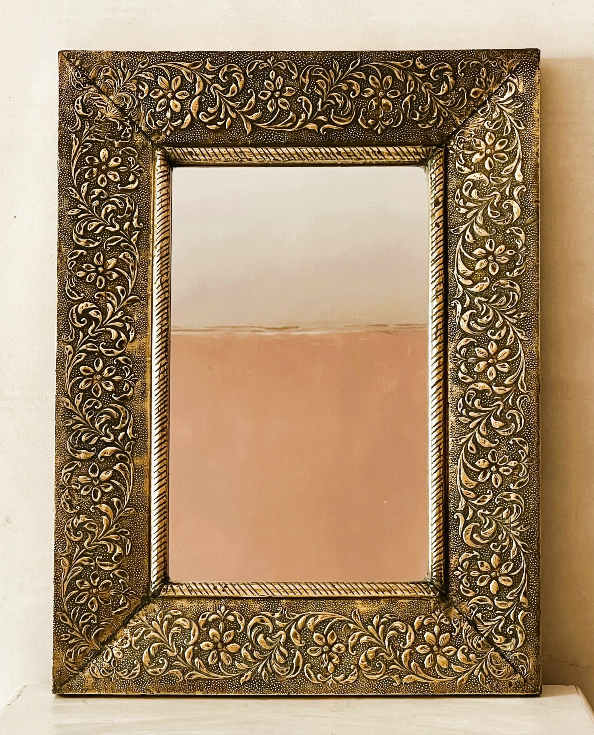 Large Vintage Embossed Brass Wall Mirror With Wooden Backing And Two Way Hanging