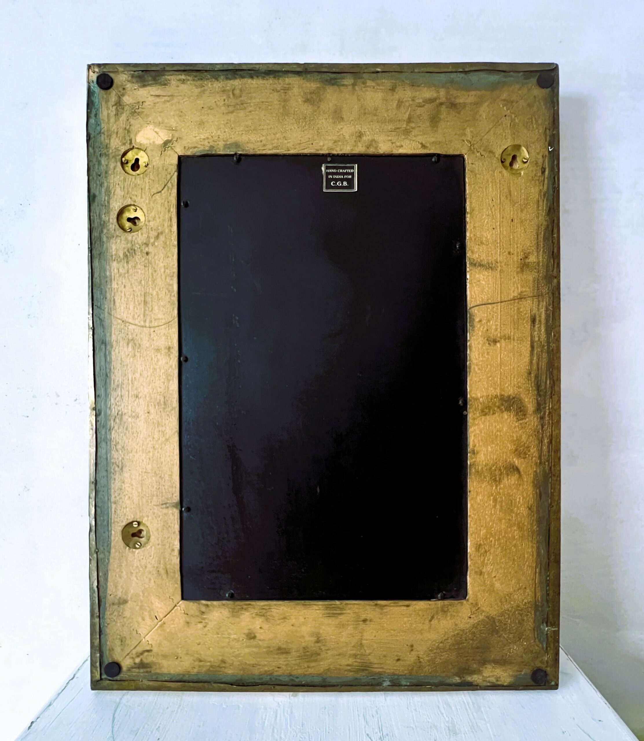 Large Vintage Embossed Brass Wall Mirror With Wooden Backing And Two Way Hanging