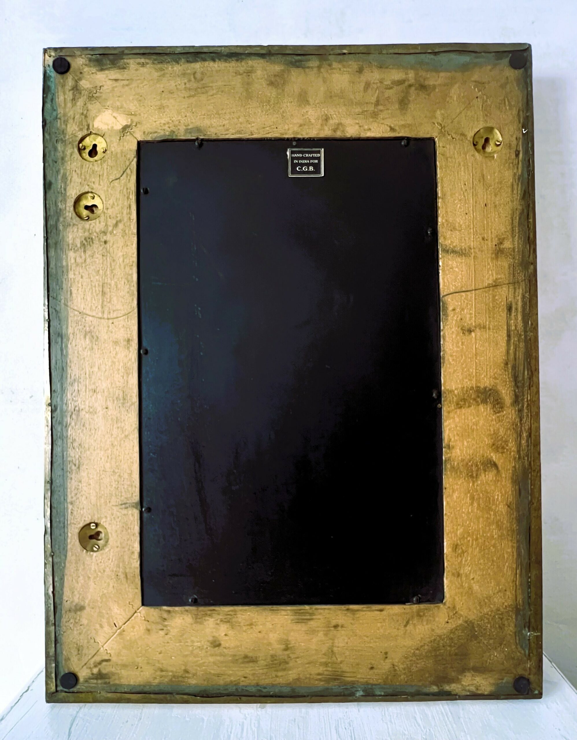 Large Vintage Embossed Brass Wall Mirror With Wooden Backing And Two Way Hanging
