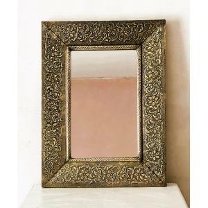 Large Vintage Embossed Brass Wall Mirror With Wooden Backing And Two Way Hanging