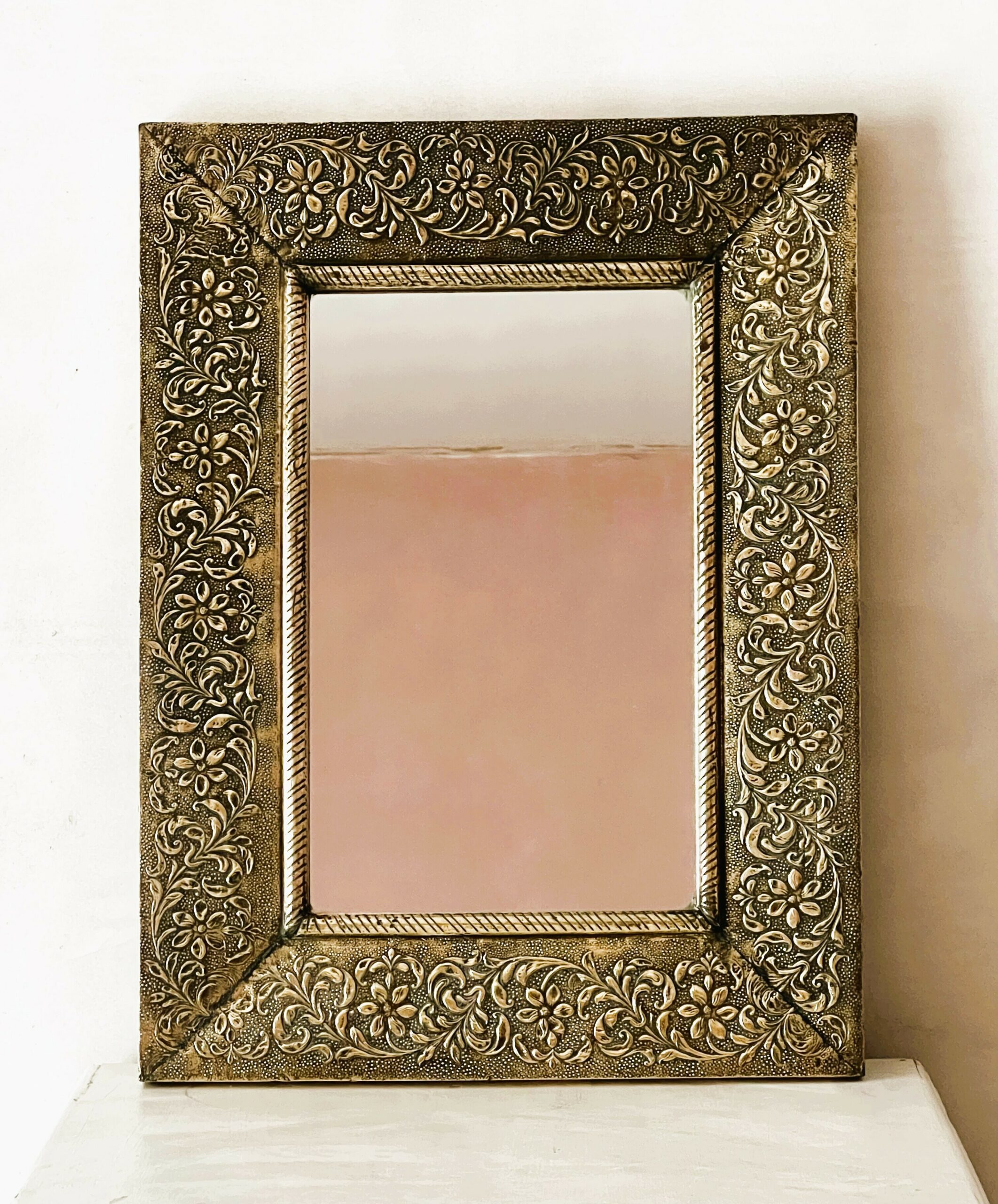 Large Vintage Embossed Brass Wall Mirror With Wooden Backing And Two Way Hanging