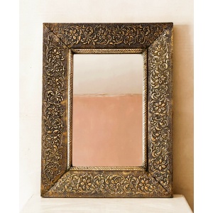 Large Vintage Embossed Brass Wall Mirror With Wooden Backing And Two Way Hanging