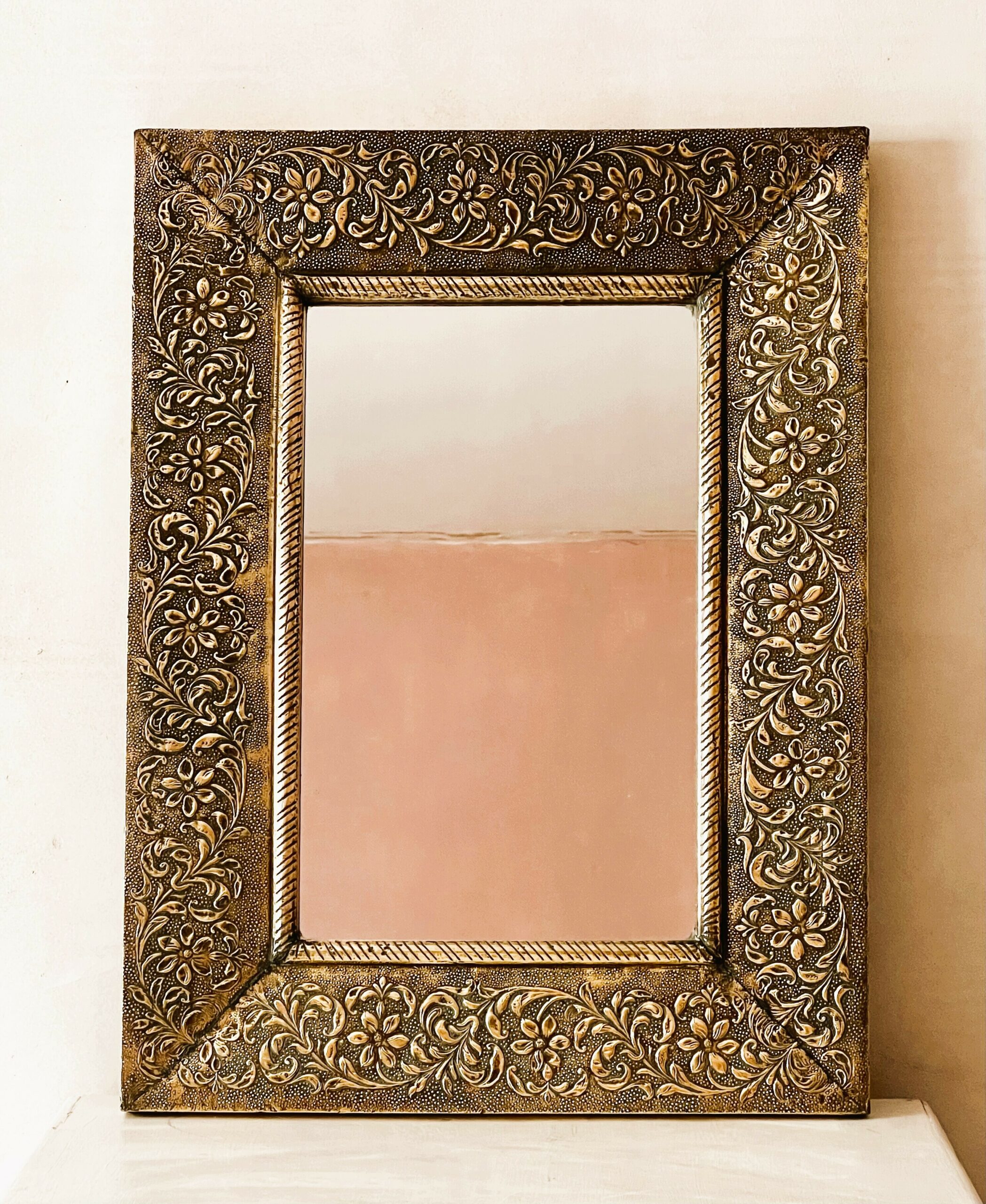 Large Vintage Embossed Brass Wall Mirror With Wooden Backing And Two Way Hanging