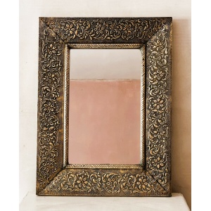 Large Vintage Embossed Brass Wall Mirror With Wooden Backing And Two Way Hanging
