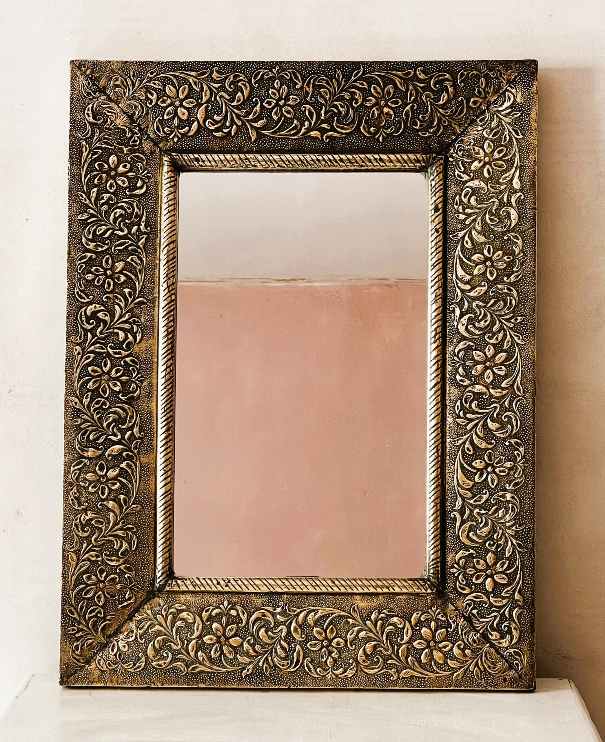 Large Vintage Embossed Brass Wall Mirror With Wooden Backing And Two Way Hanging