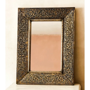 Large Vintage Embossed Brass Wall Mirror With Wooden Backing And Two Way Hanging