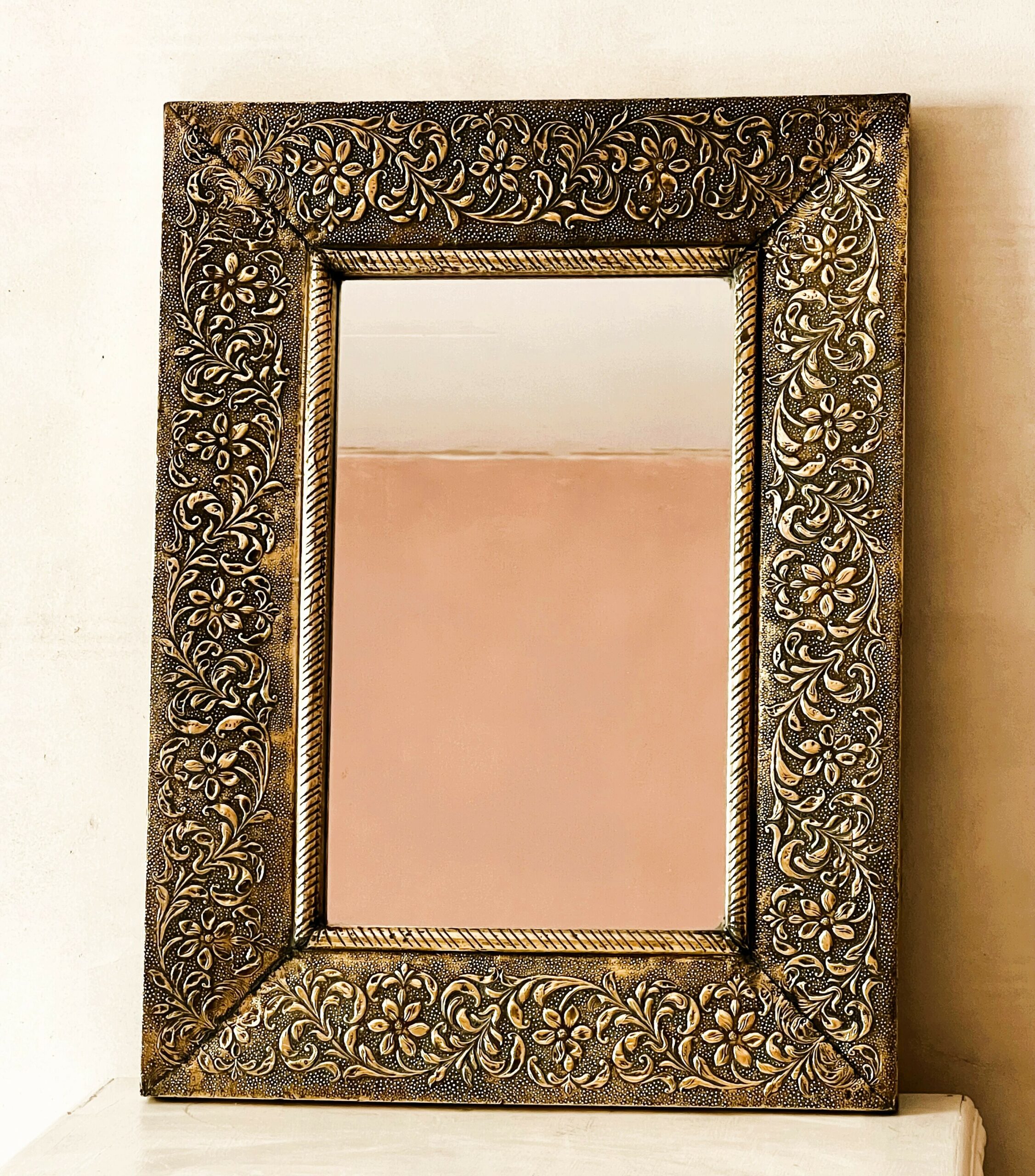 Large Vintage Embossed Brass Wall Mirror With Wooden Backing And Two Way Hanging