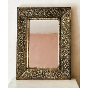 Large Vintage Embossed Brass Wall Mirror With Wooden Backing And Two Way Hanging