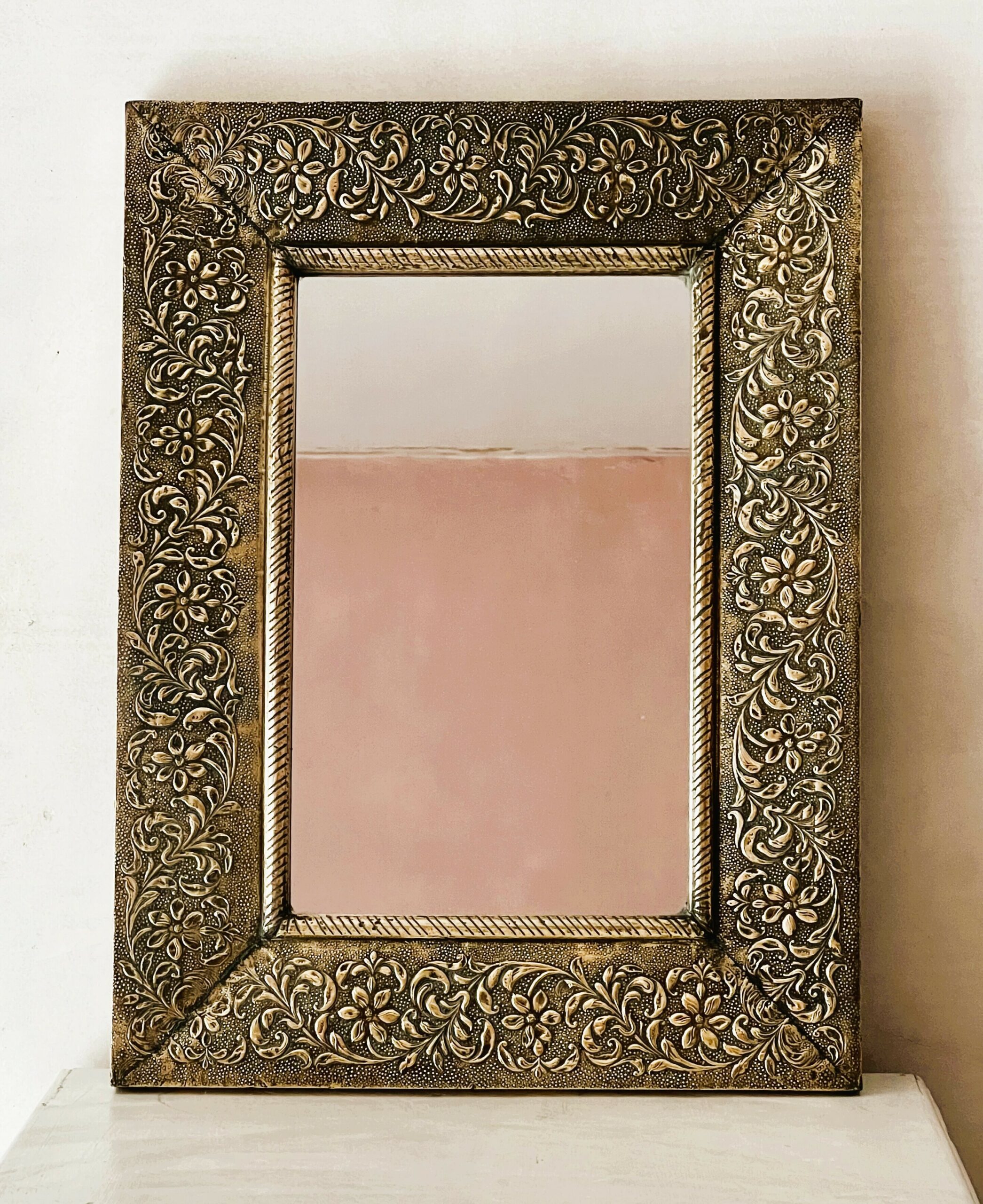 Large Vintage Embossed Brass Wall Mirror With Wooden Backing And Two Way Hanging