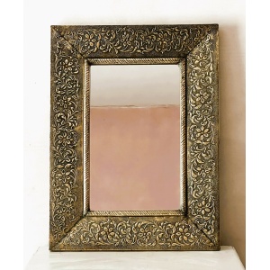 Large Vintage Embossed Brass Wall Mirror With Wooden Backing And Two Way Hanging