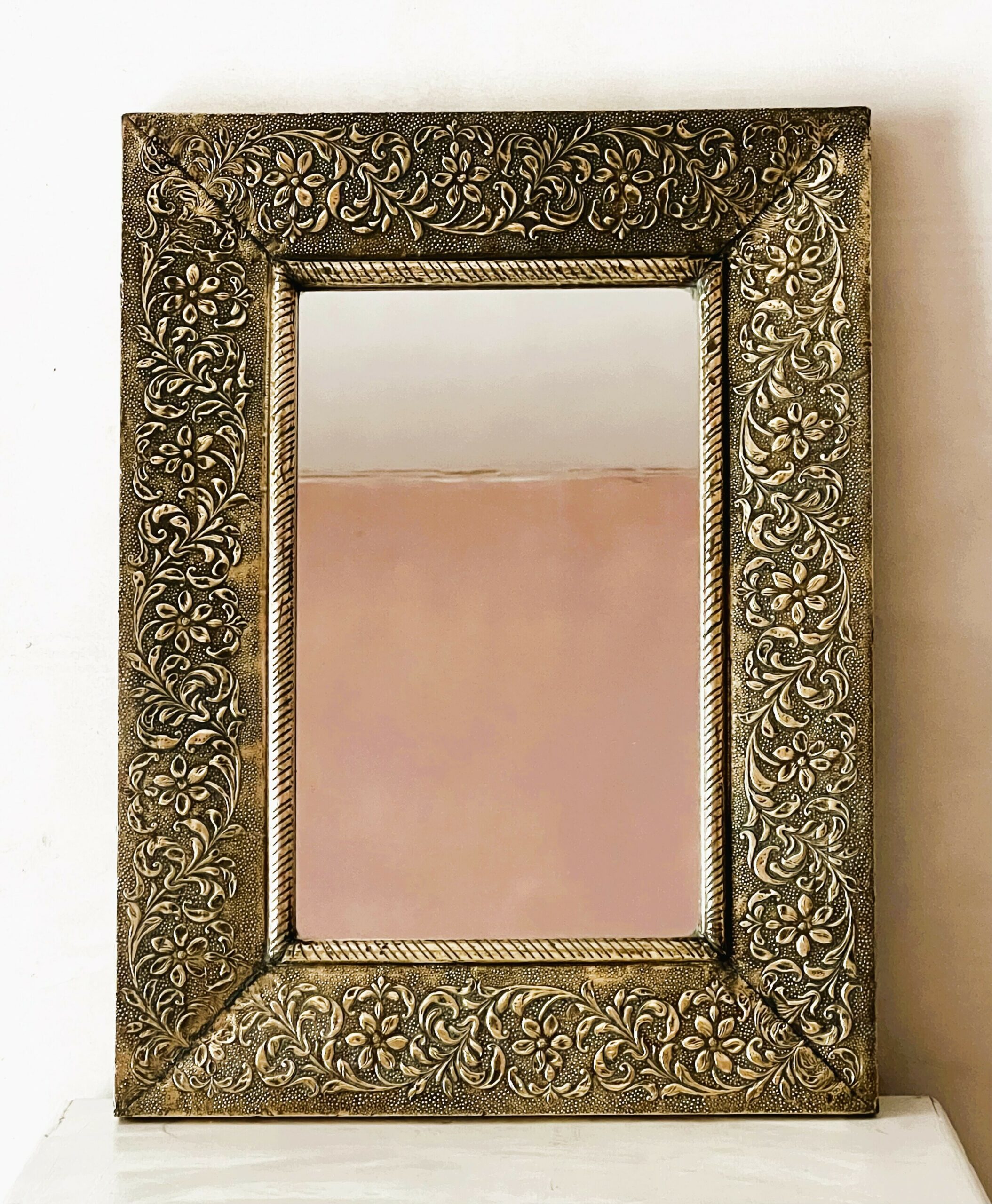 Large Vintage Embossed Brass Wall Mirror With Wooden Backing And Two Way Hanging