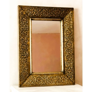Large Vintage Embossed Brass Wall Mirror With Wooden Backing And Two Way Hanging