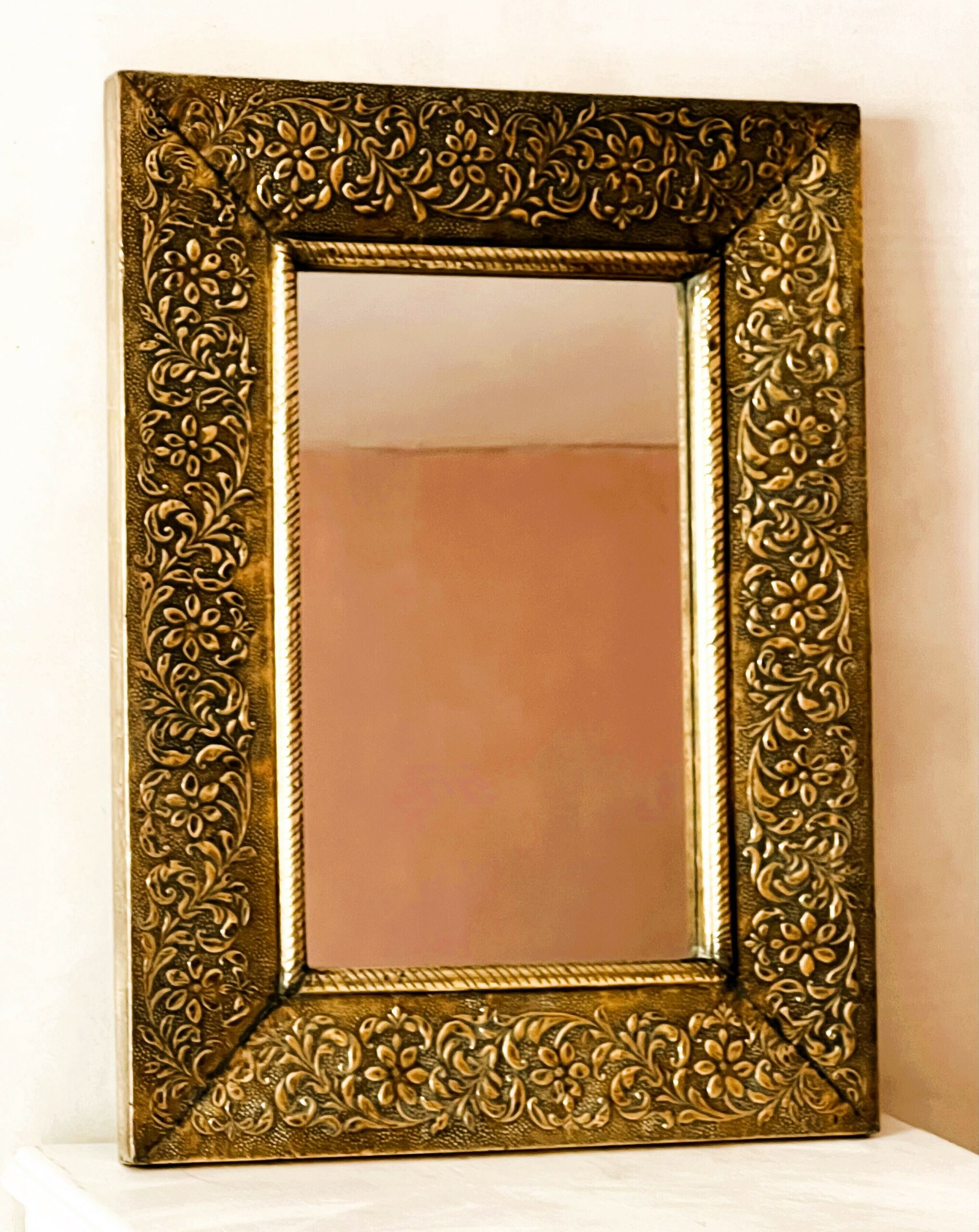 Large Vintage Embossed Brass Wall Mirror With Wooden Backing And Two Way Hanging