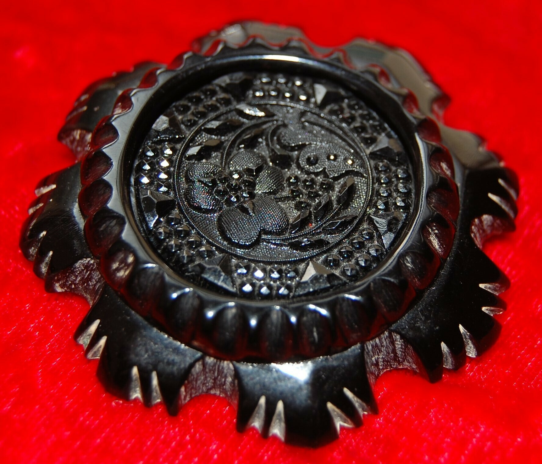 Rare Large Mid Victorian Whitby Jet Finely Carved Brooch With Highly Polished Florals C. 1860/70