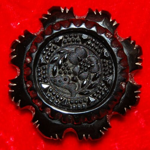 Rare Large Mid Victorian Whitby Jet Finely Carved Brooch With Highly Polished Florals C. 1860/70
