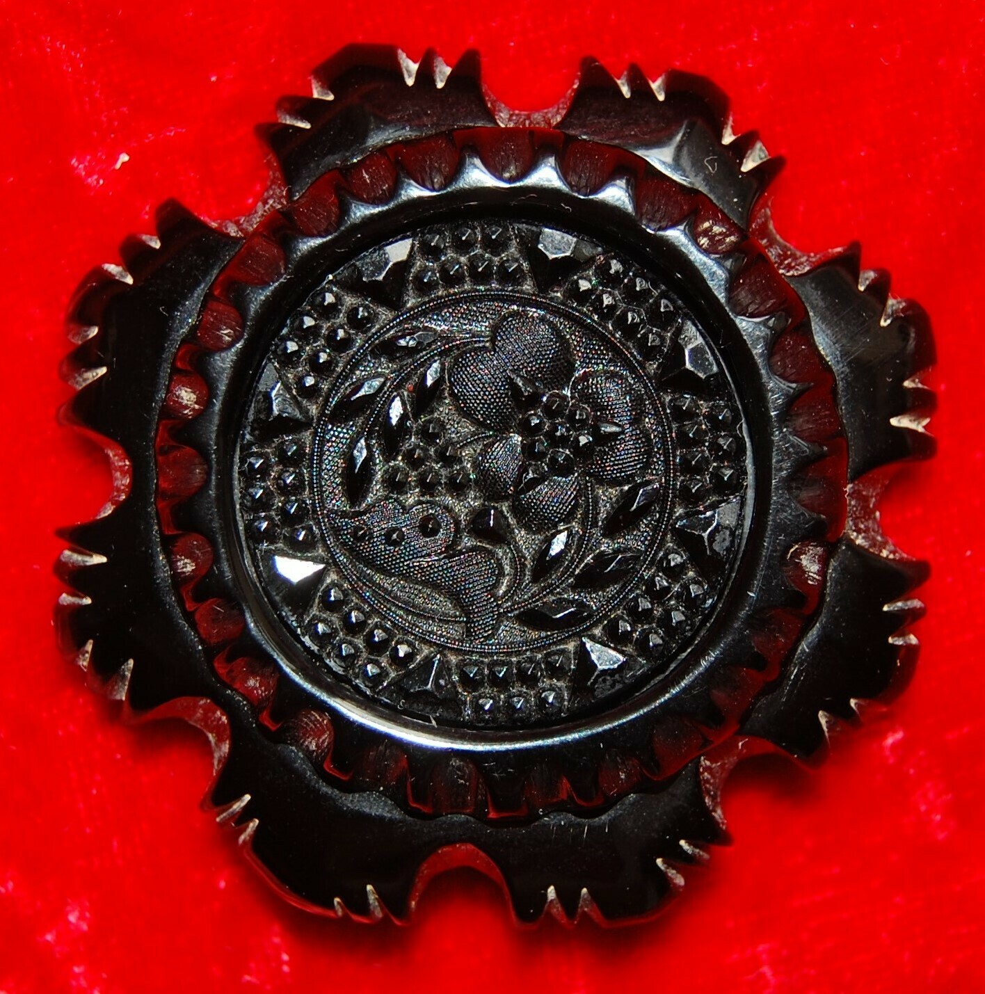 Rare Large Mid Victorian Whitby Jet Finely Carved Brooch With Highly Polished Florals C. 1860/70