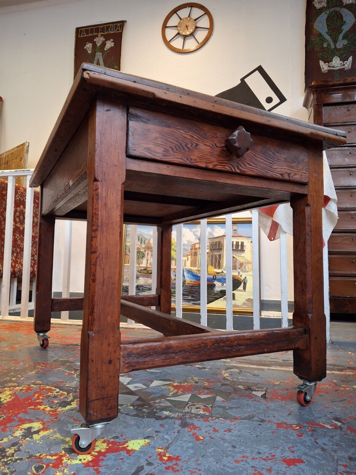 1940's POW Made Bakers/Prep/Dining Table In Pitch Pine. Vintage/Interiors/WW2.