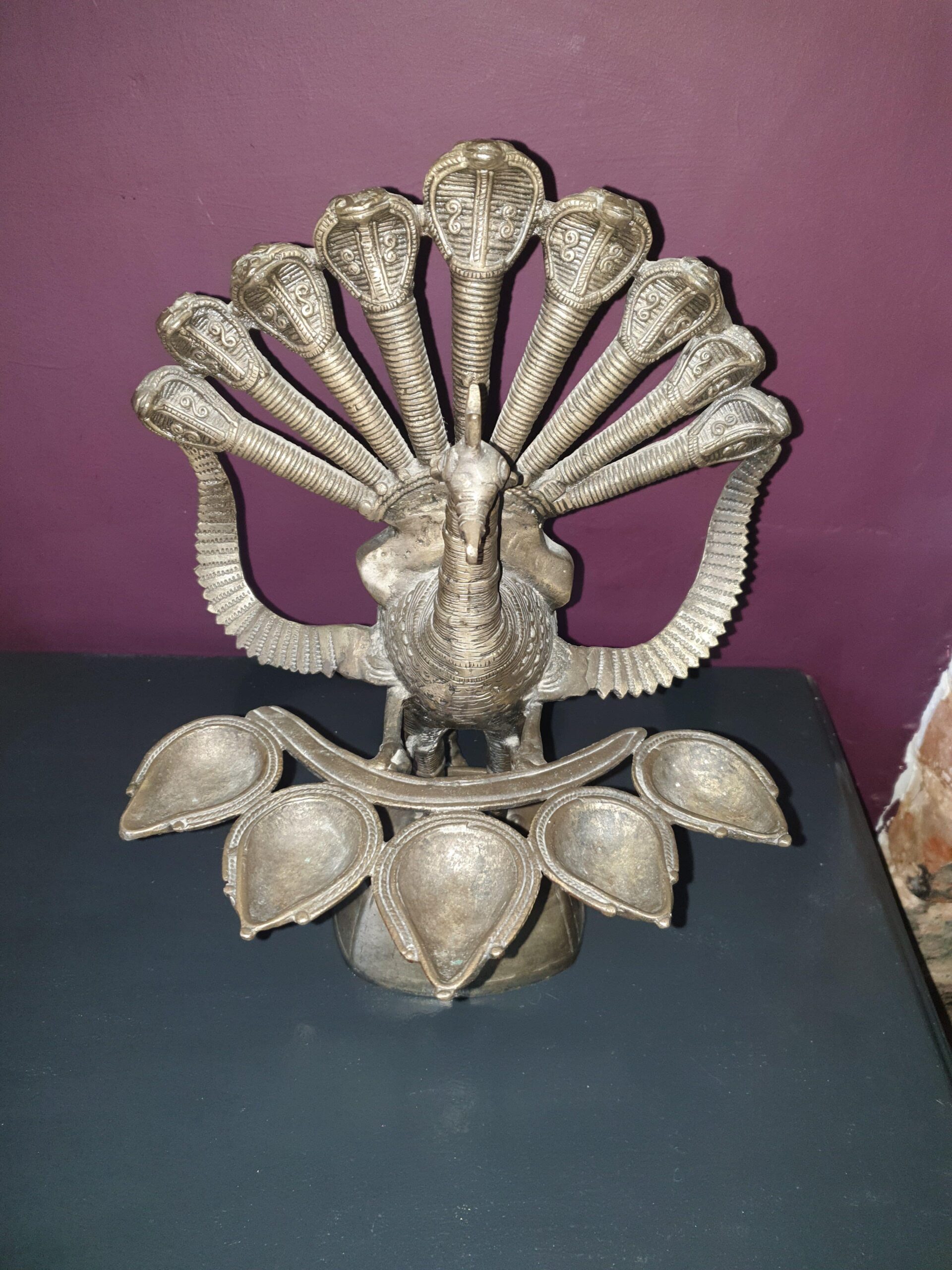 Brass peacock panch aarti/oil lamp