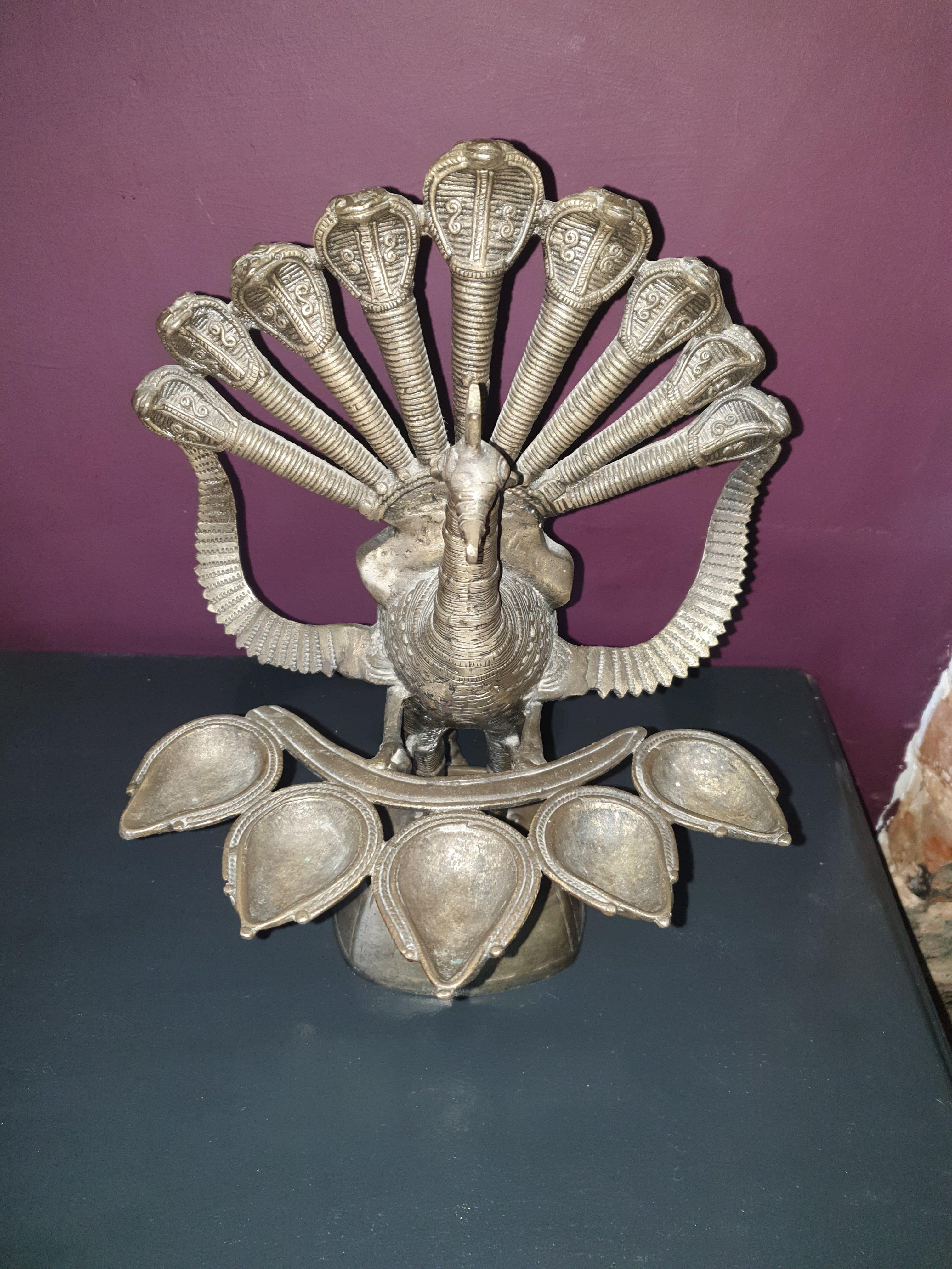 Brass peacock panch aarti/oil lamp