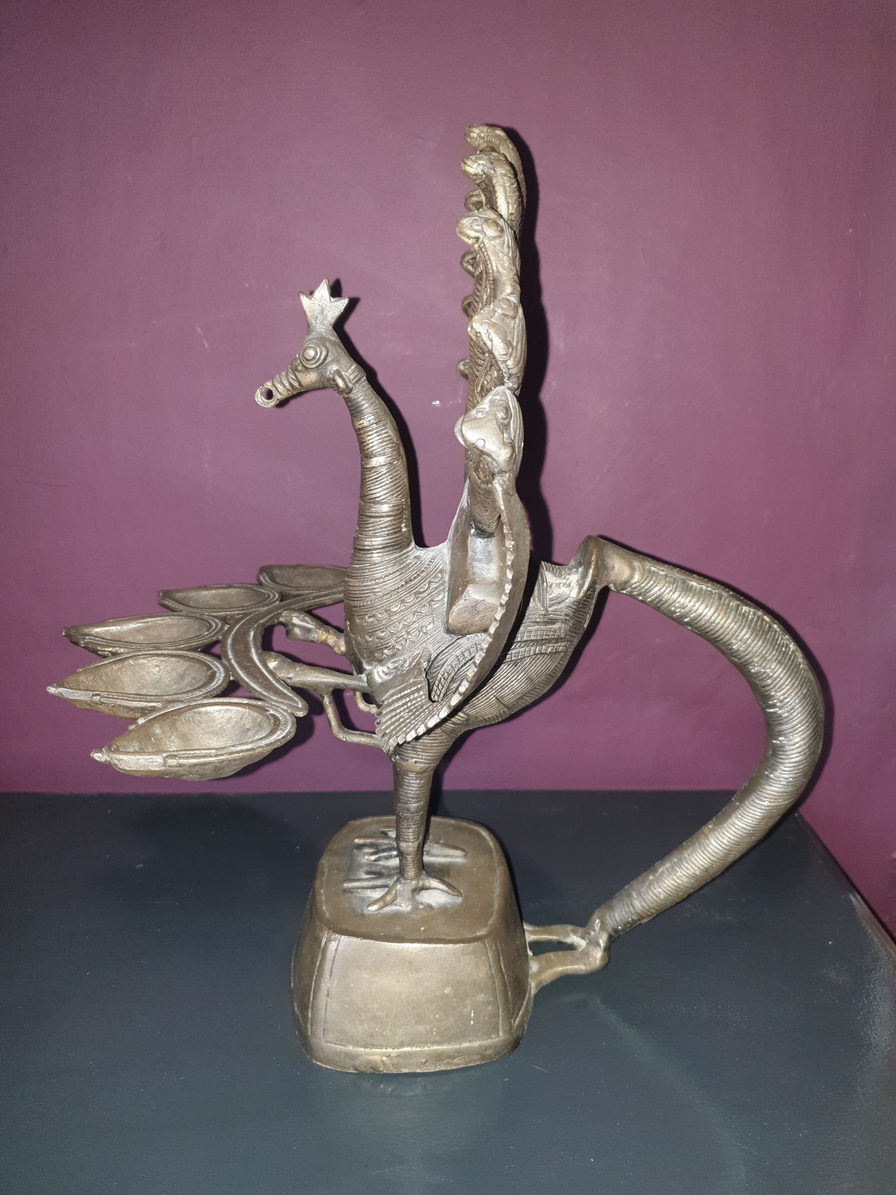 Brass peacock panch aarti/oil lamp