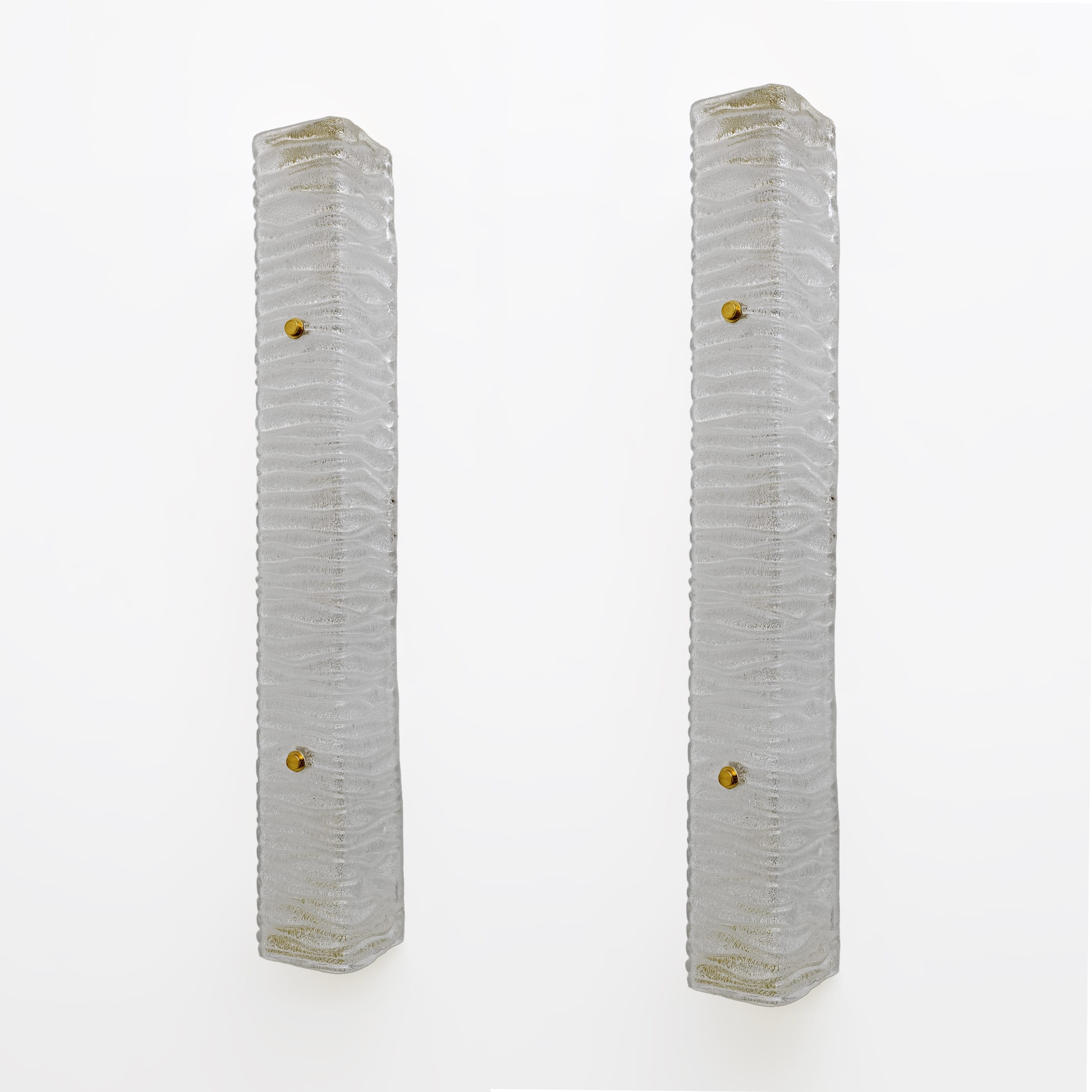 Pair of Art Decò Style Brass and Textured Murano Glass Sconces