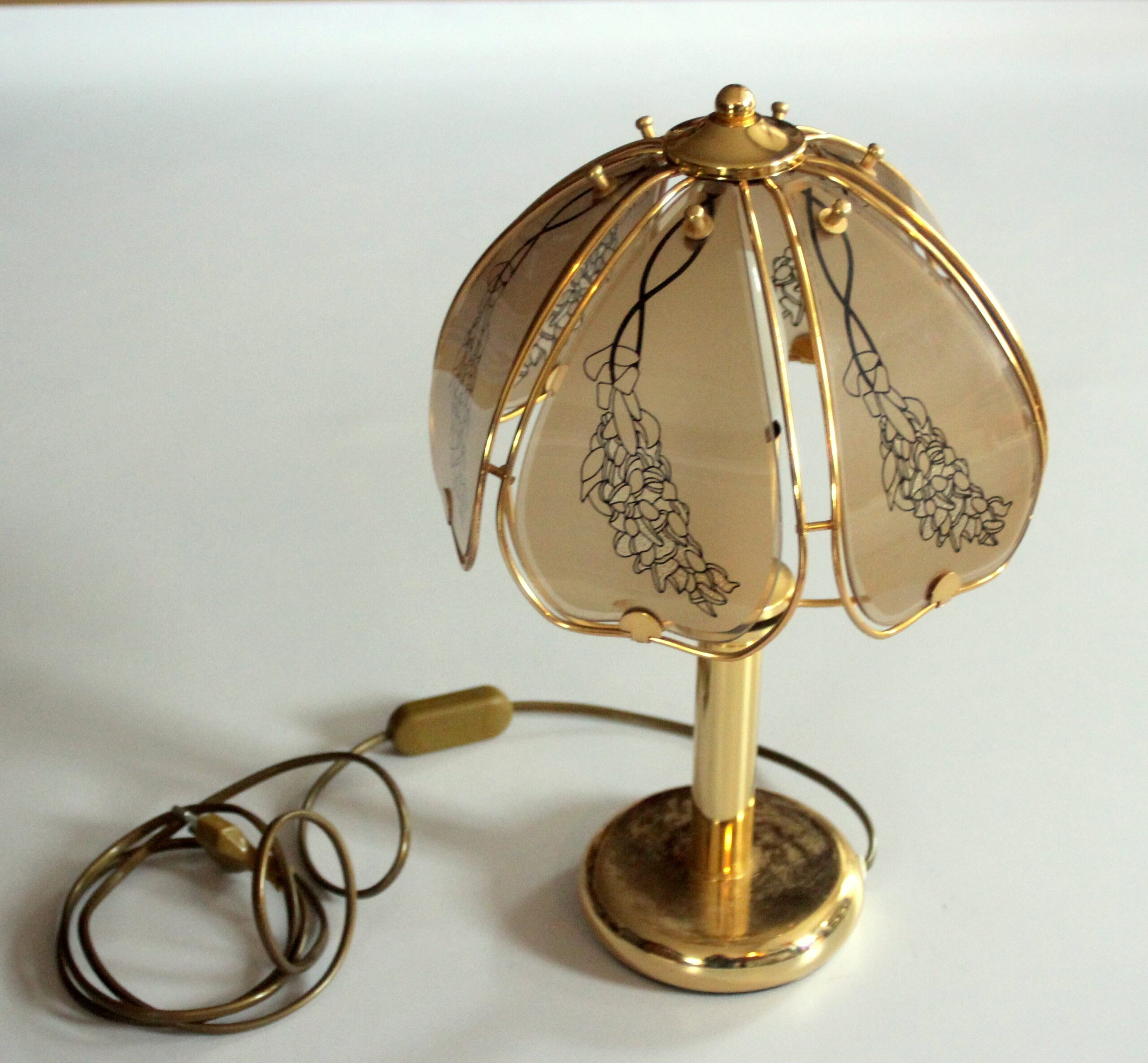 Elegant table lamp made of brass and smoked glass, Vintage
