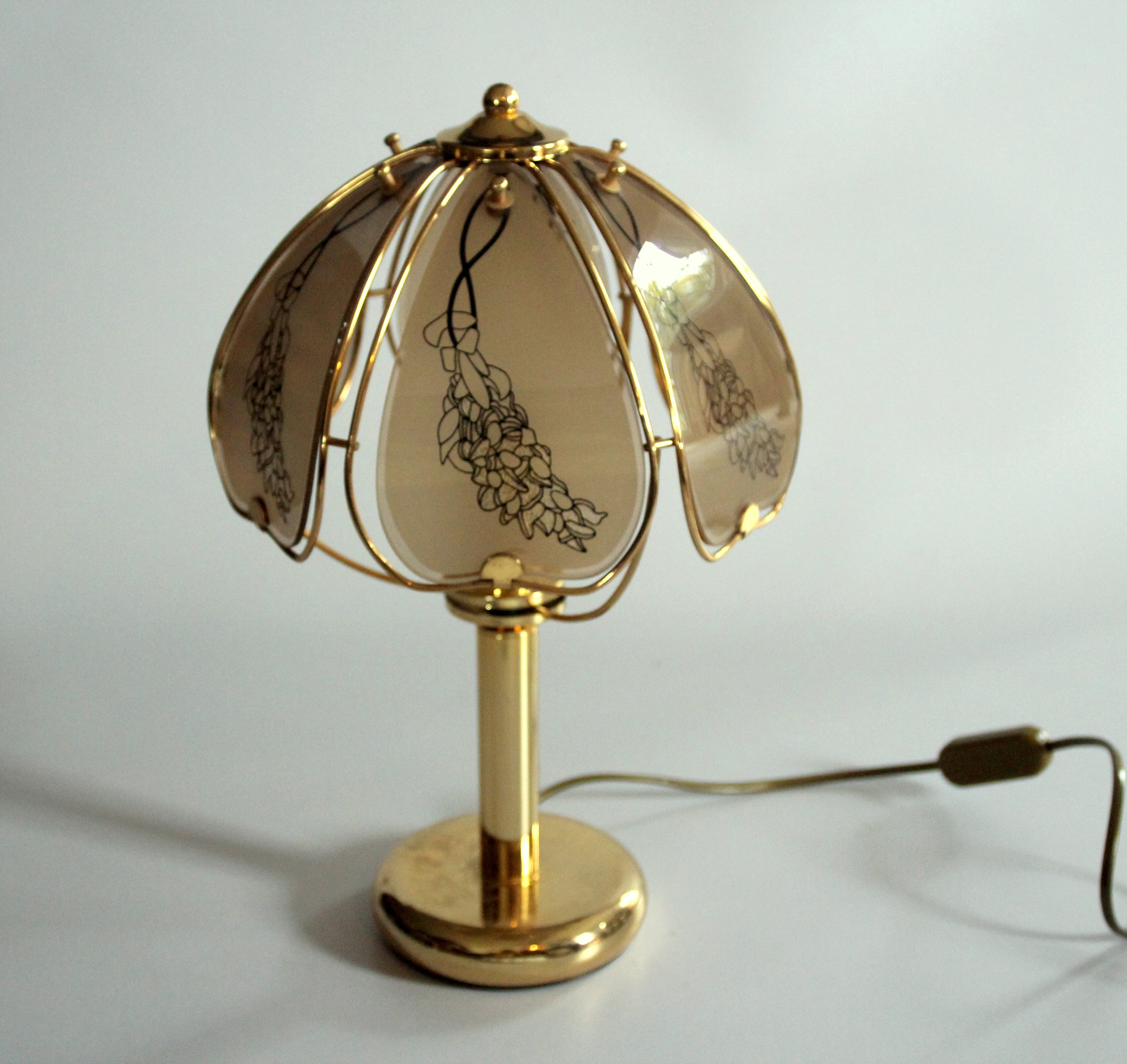 Elegant table lamp made of brass and smoked glass, Vintage