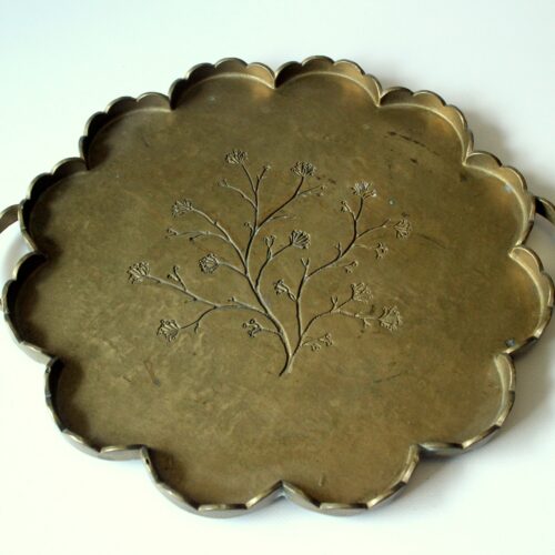 1960s solid brass serving tray on feet, marked, Vintage