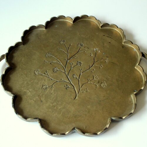 1960s solid brass serving tray on feet, marked, Vintage