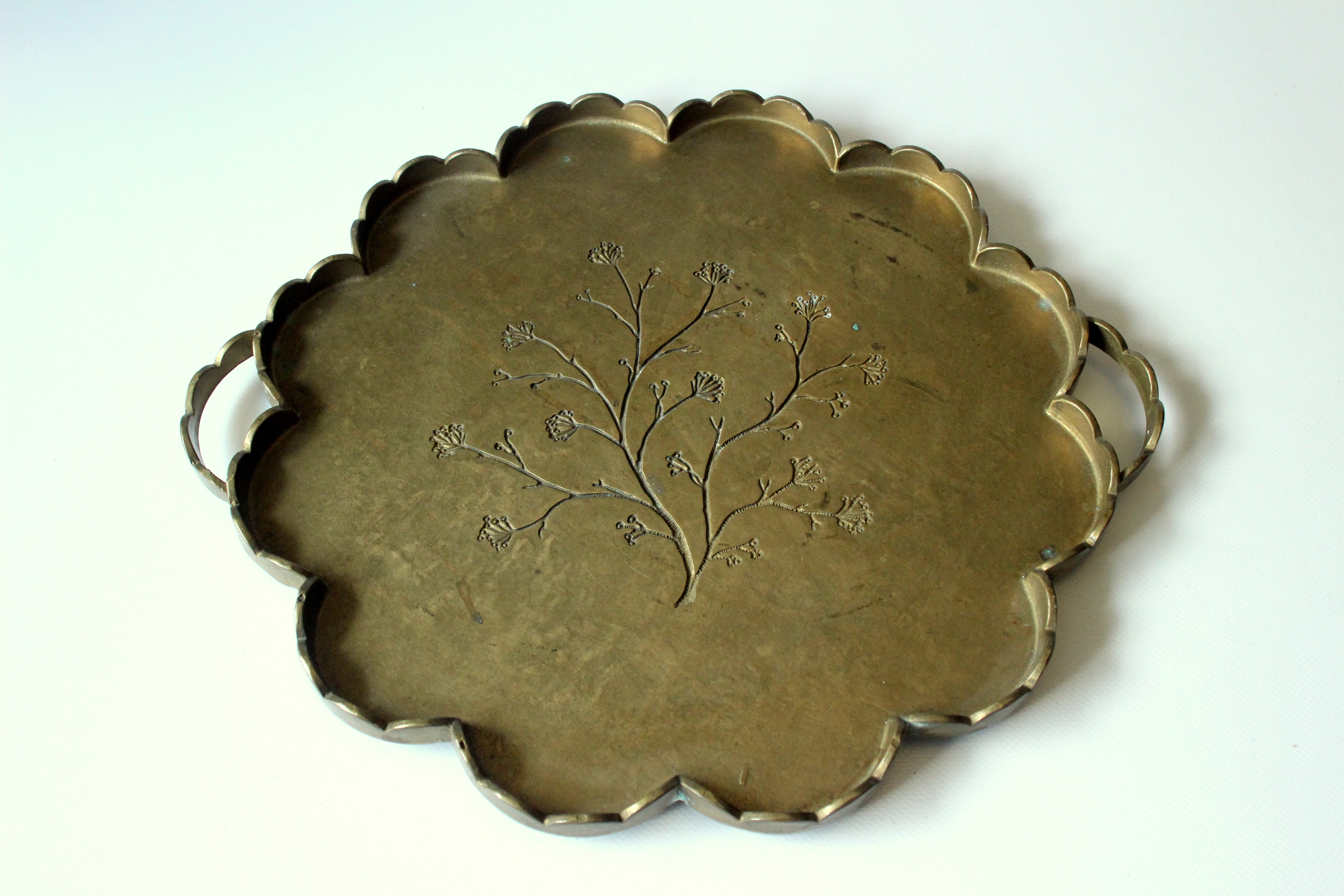 1960s solid brass serving tray on feet, marked, Vintage