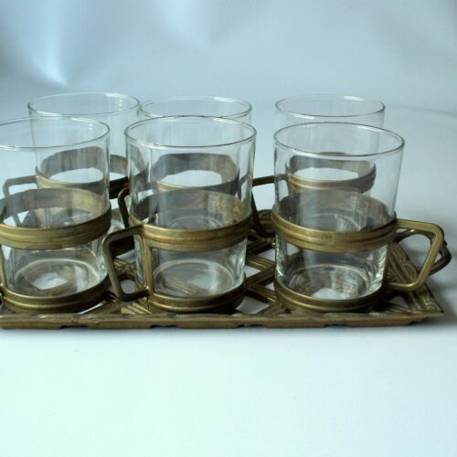 6 Glass tea cups with a brass handle on a elegant brass tray as a set - Vintage