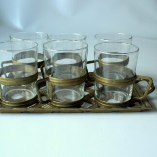 6 Glass tea cups with a brass handle on a elegant brass tray as a set - Vintage