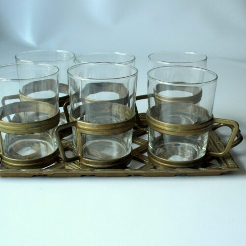 6 Glass tea cups with a brass handle on a elegant brass tray as a set - Vintage
